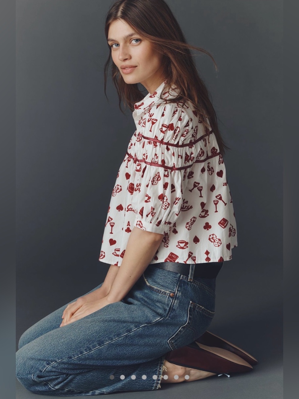 Maeve White Leandra Flocked Shirred Yoke Blouse by Maeve - Picture 3 of 10